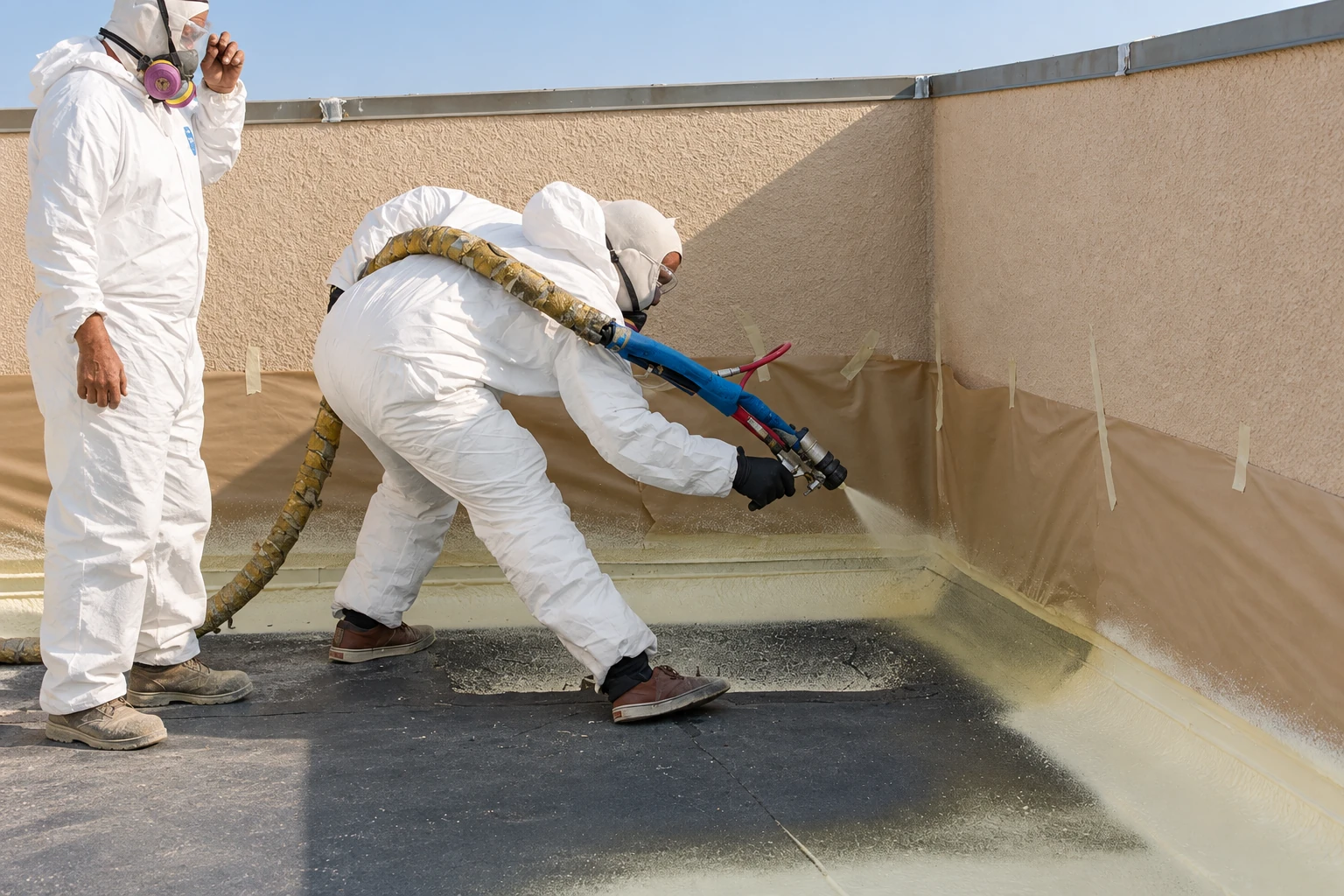 Workers in protective suits spray foam along the edge of a rooftop, using a hose and spray gun.
