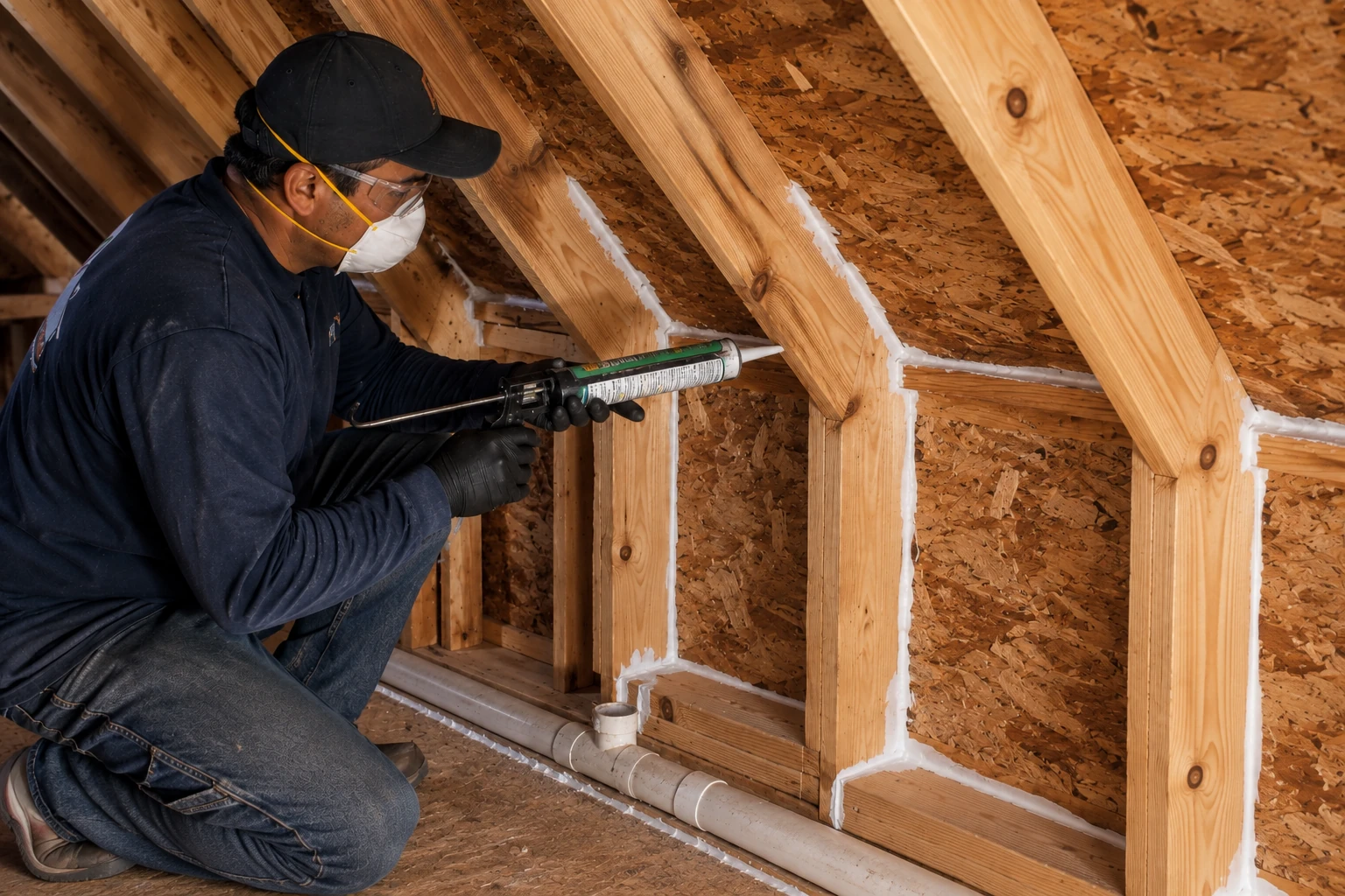 A masked worker uses a caulking gun to seal gaps between wooden attic rafters with white foam.