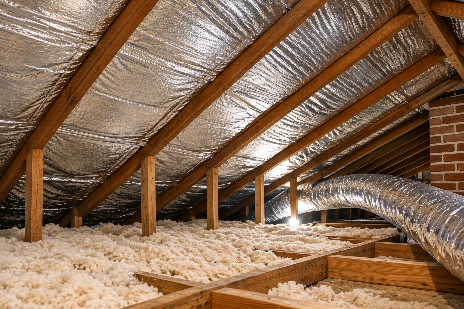 Silver reflective material lines the sloped attic rafters above loose-fill insulation, with a large flexible duct running through the space.