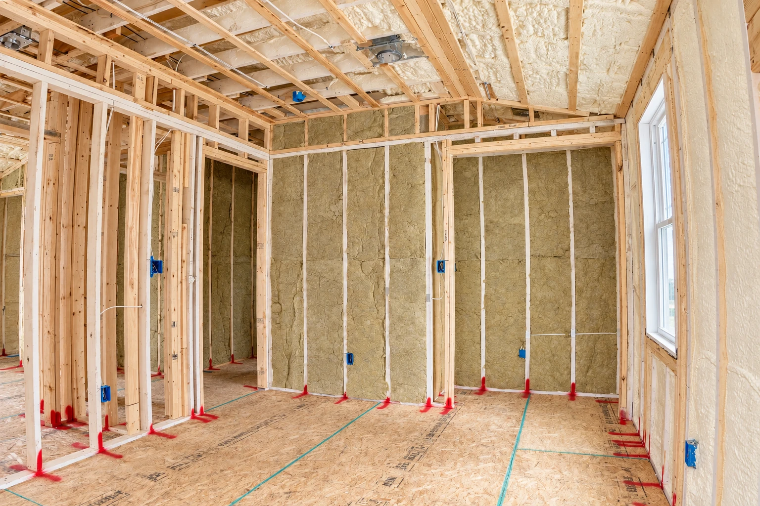An unfinished room has yellow insulation between wall studs and roof framing, with a window and bare plywood floor.