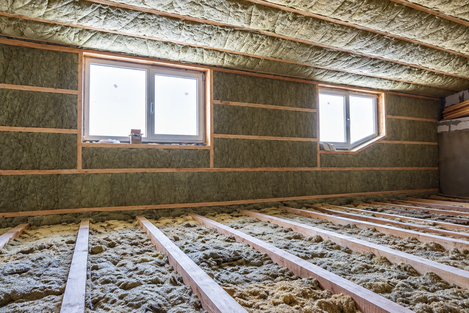 An unfinished attic has insulation between its roof framing and across the floor, with two windows in the far wall.
