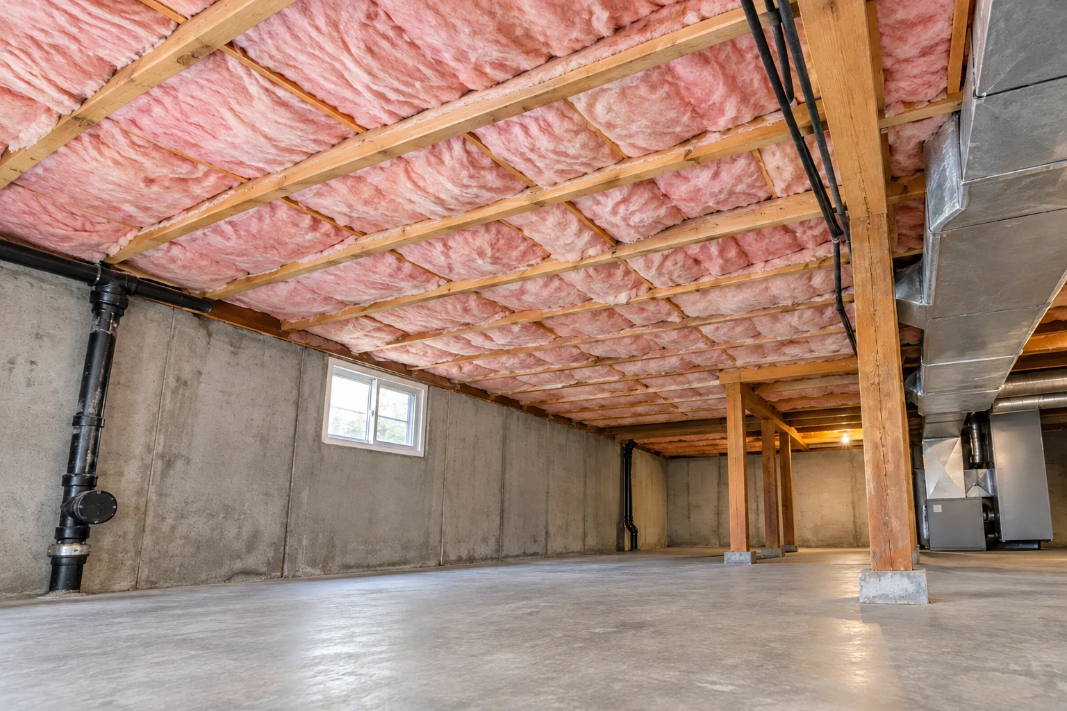 Basement with pink insulation between ceiling joists, concrete walls, support posts, and exposed ductwork.