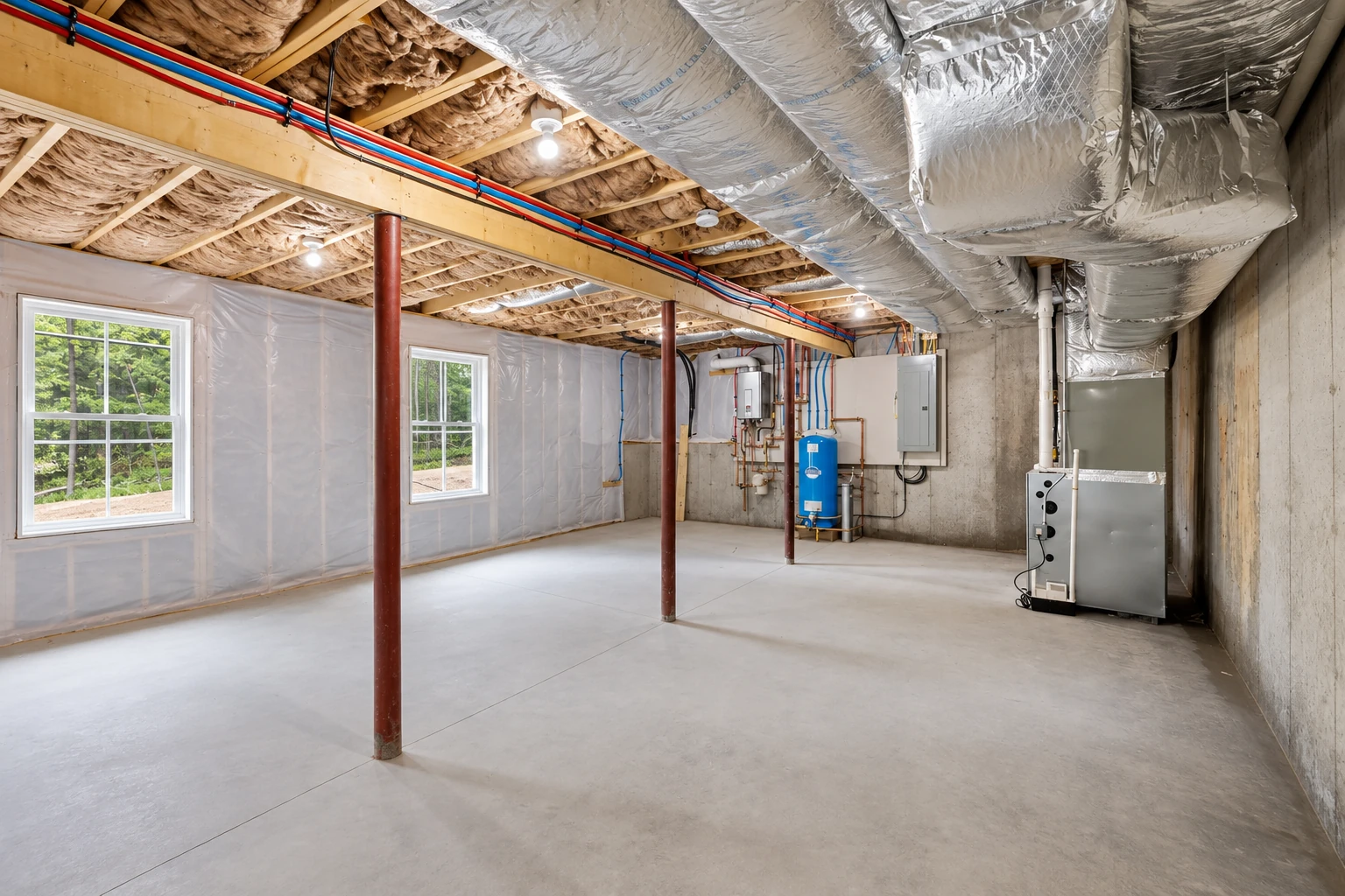 Finished basement with exposed ceiling joists, fiberglass insulation, large ducts, and plastic-covered walls.