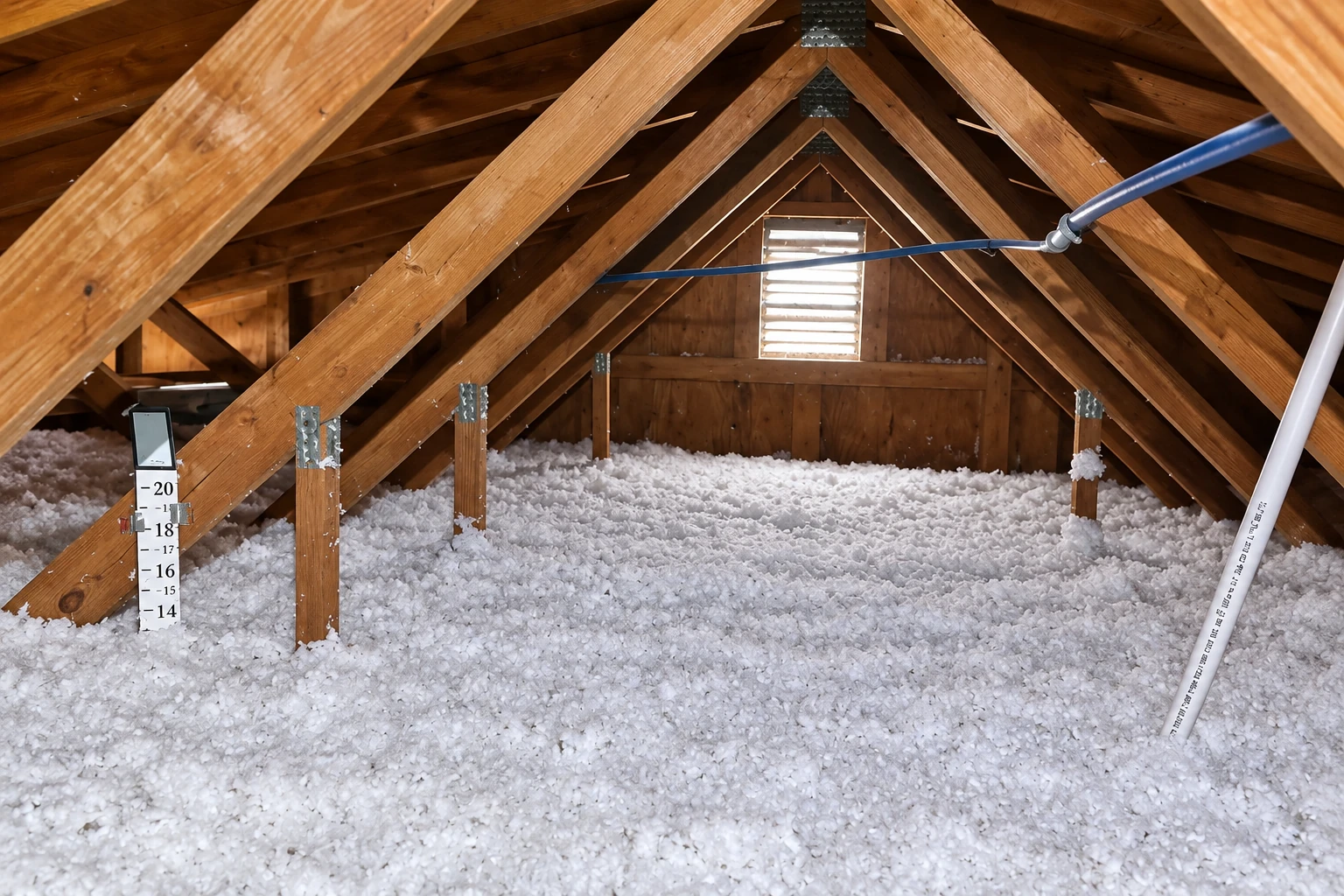 Loose white blown-in insulation covers an attic floor beneath exposed wooden rafters, with a hose extending overhead.