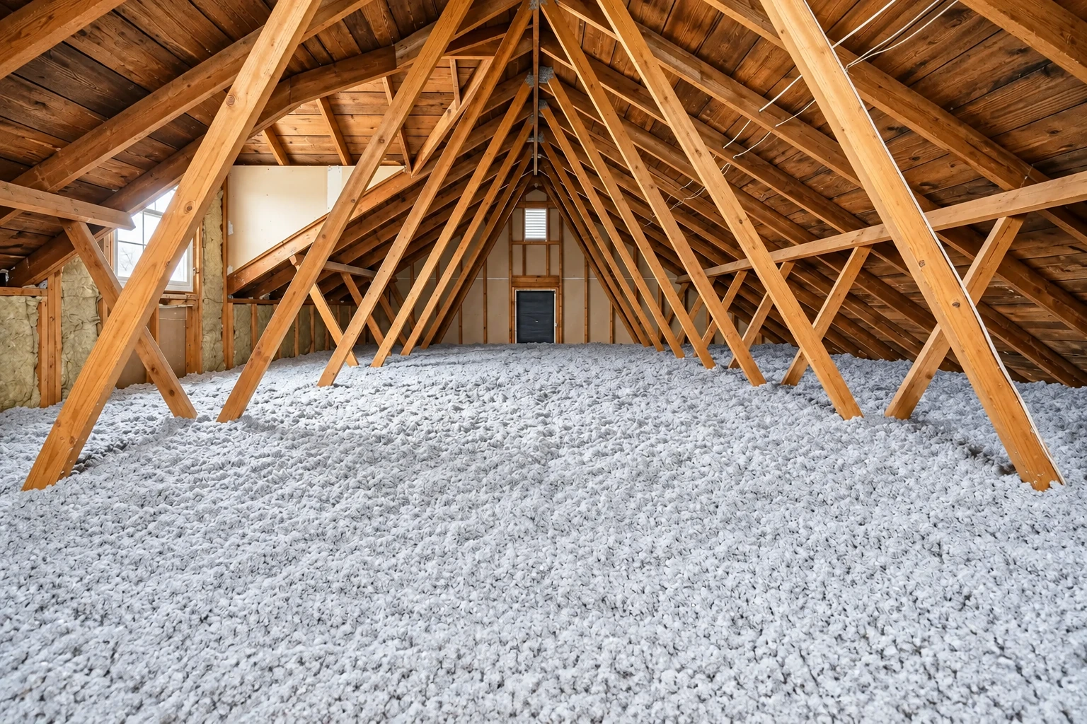 A wooden attic has a thick, even layer of loose-fill insulation across its floor.