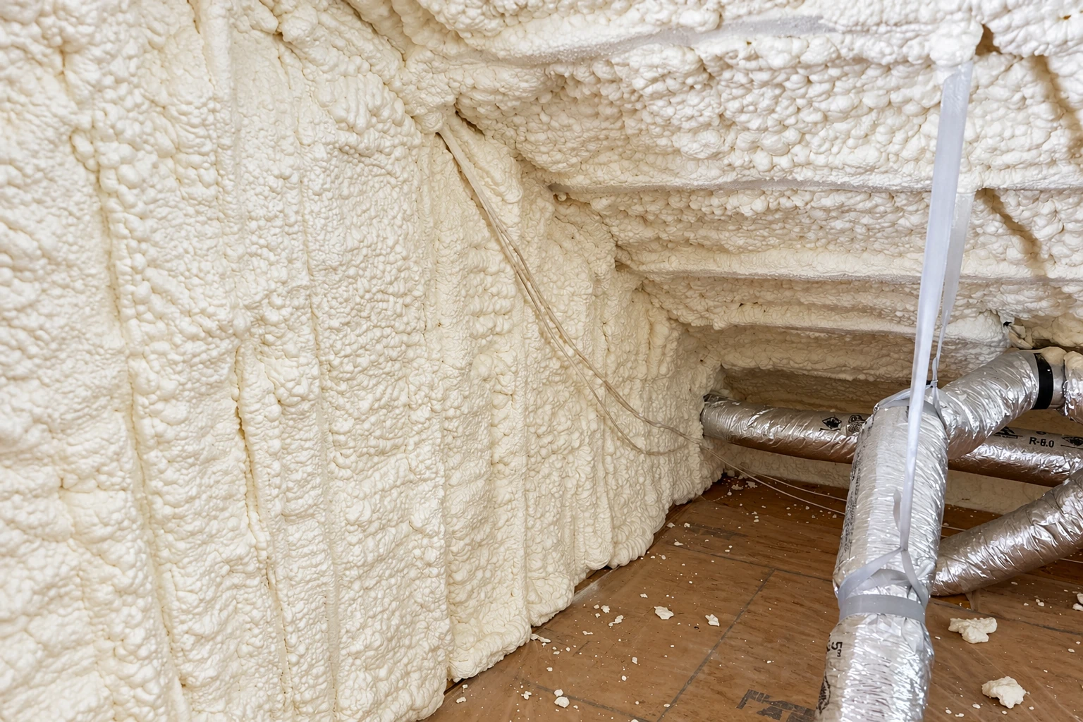 Close view of thick white closed-cell spray foam covering attic walls and rafters beside flexible ductwork.