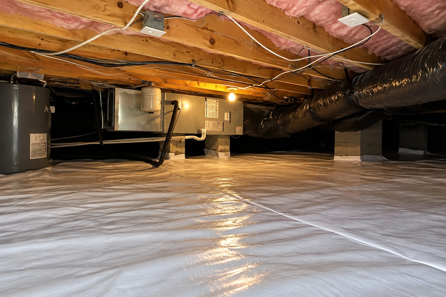 Crawl space with a white plastic vapor barrier over the floor, pink insulation between joists, and exposed ductwork and equipment.