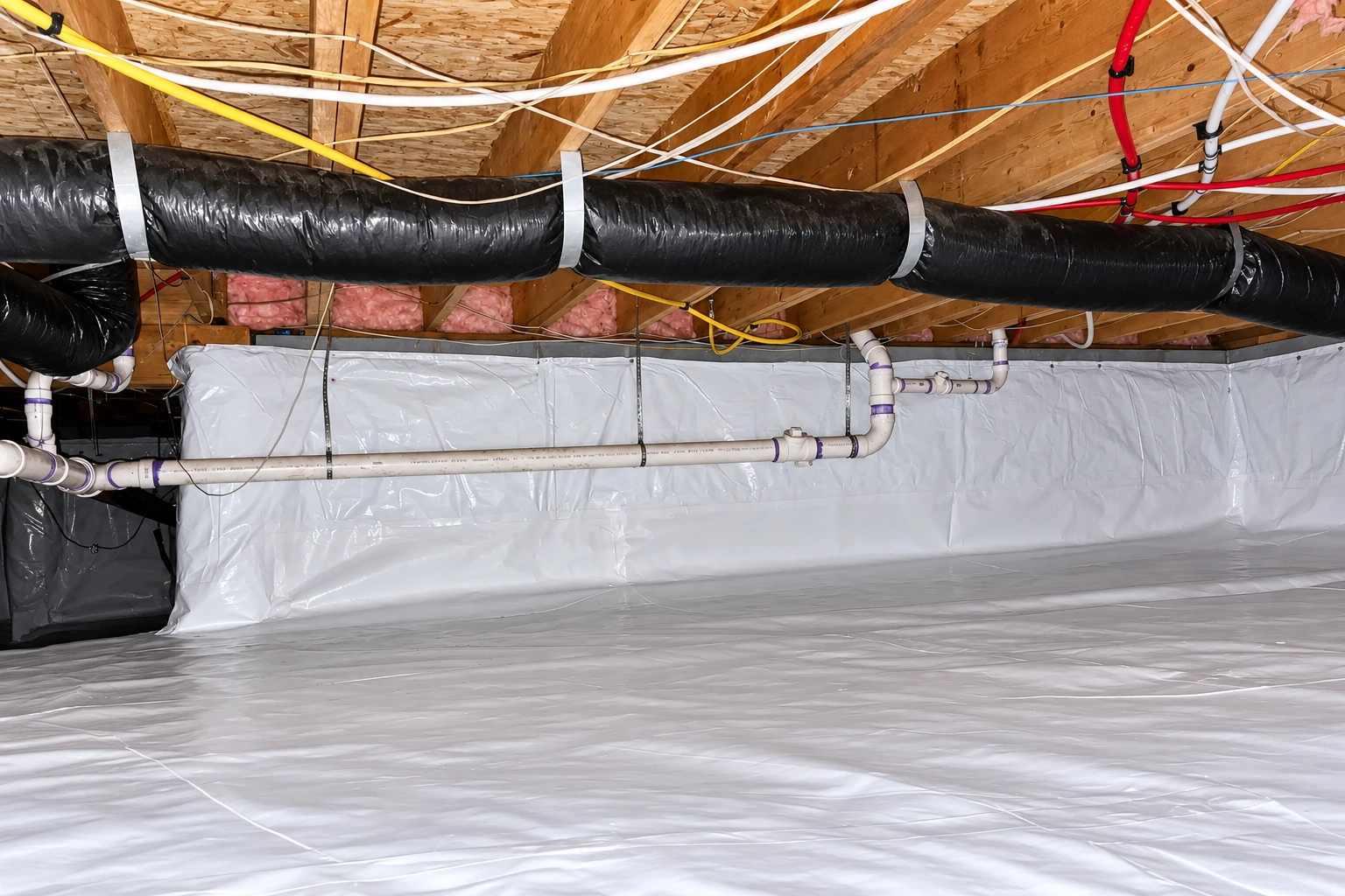 A crawl space has white vapor barrier sheeting across the floor and walls, beneath ductwork, pipes, and wooden joists.