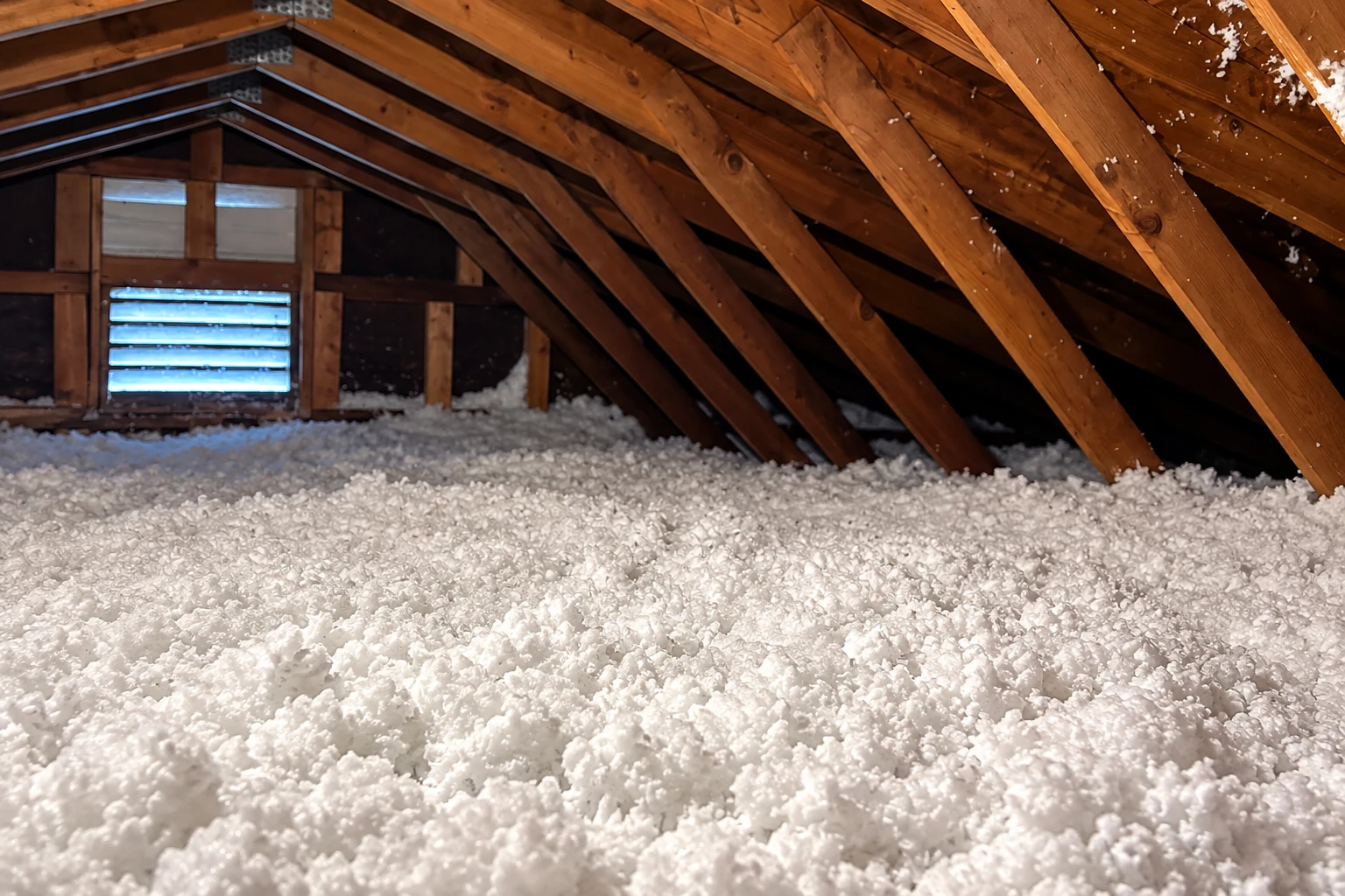 Loose-fill insulation blankets the floor beneath exposed wooden rafters and a louvered attic vent.