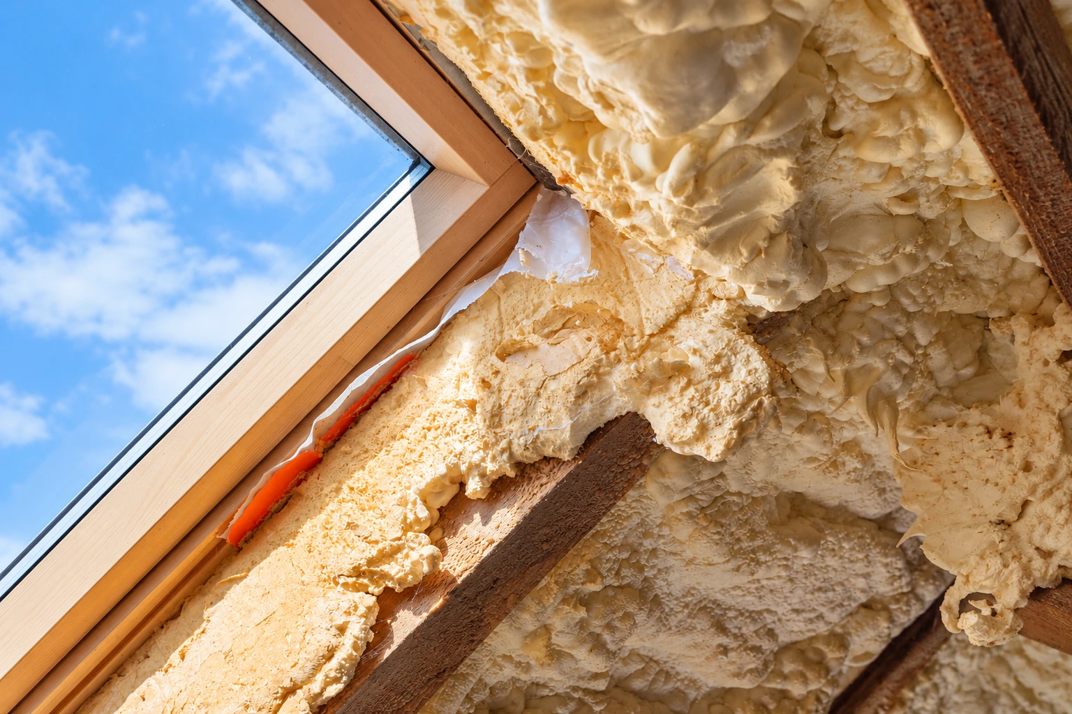 Open-cell spray foam insulation fills the roof framing beside a skylight, with blue sky visible outside.
