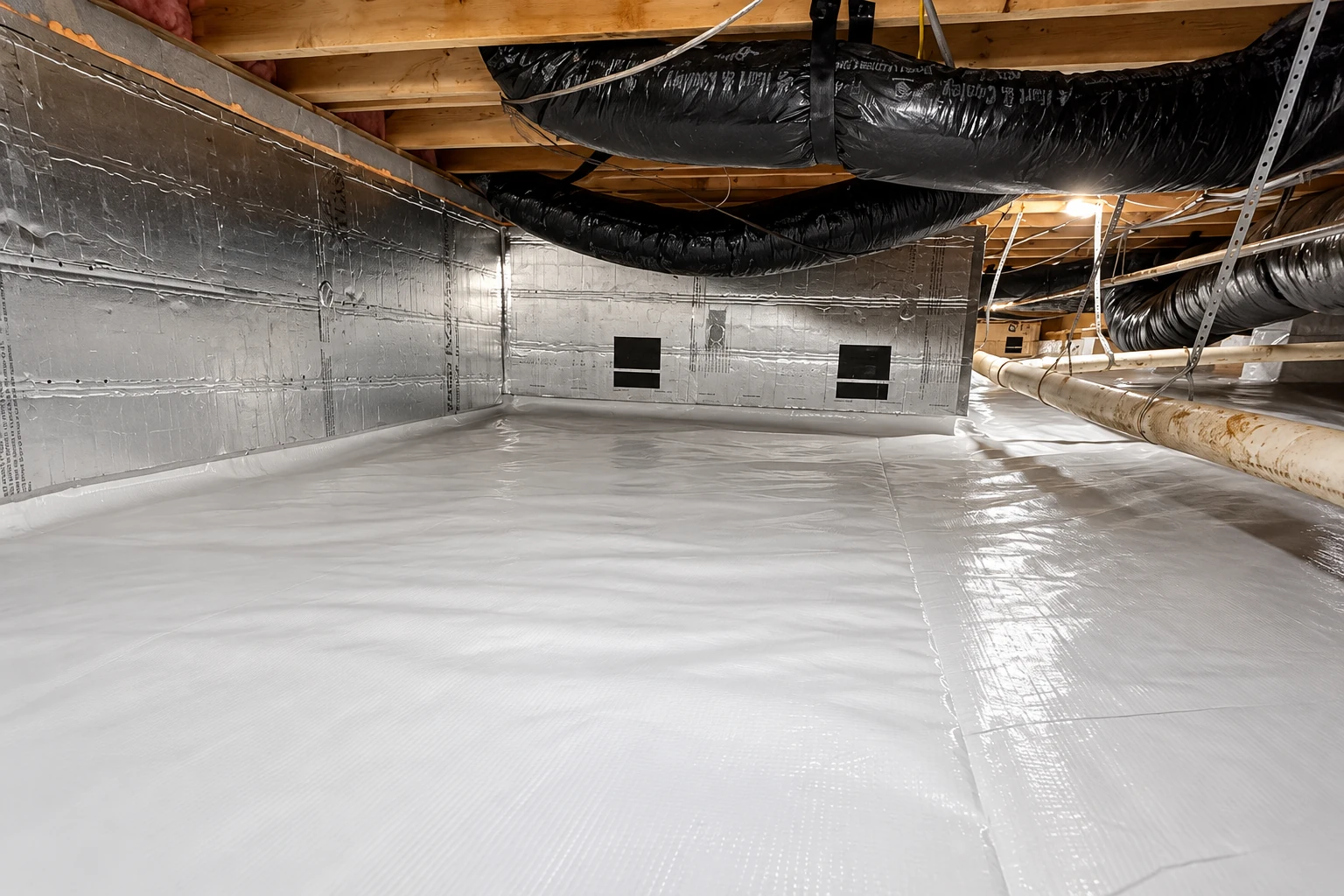 A crawl space floor and lower walls are covered with shiny white vapor barrier sheeting beneath black ducts and exposed joists.