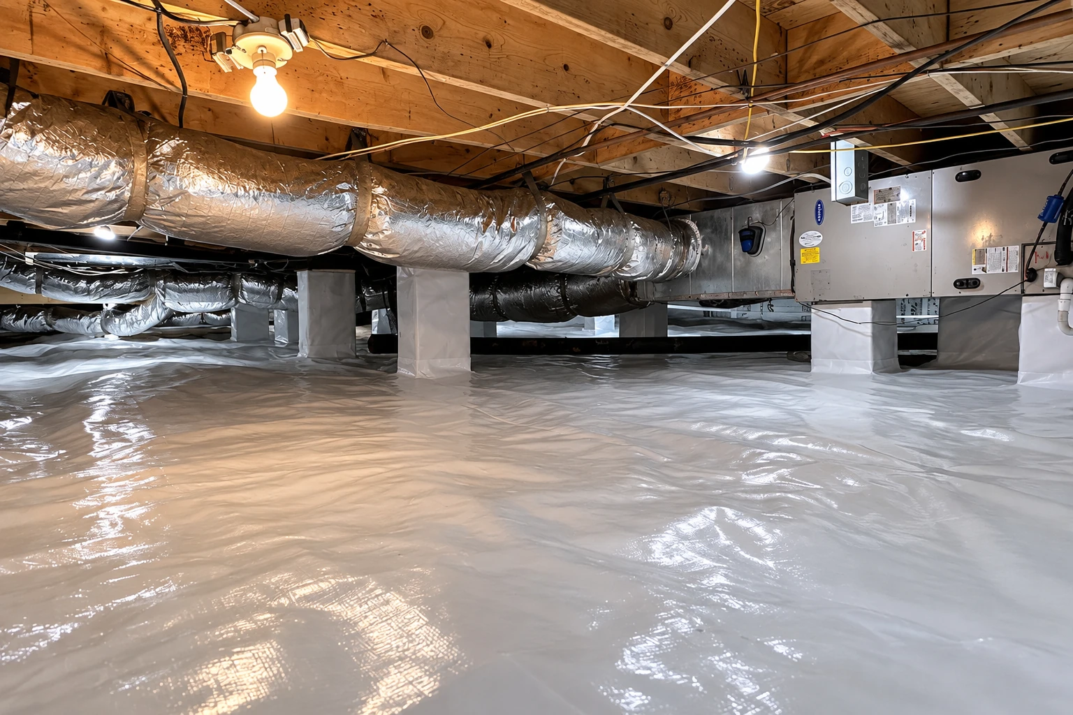 Crawl space floor covered with reflective vapor barrier beneath insulated ducts and exposed wood joists.