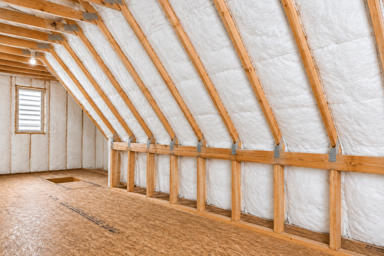 Wood-framed attic with white insulation fitted between the rafters and wall studs, beside a small louvered window.